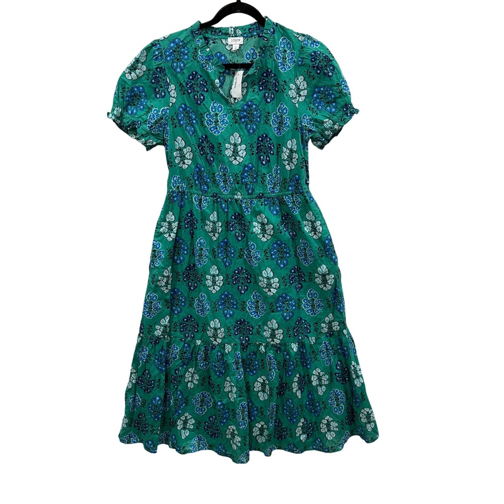 J.Crew Green Blue Floral Block Print Cotton Tiered Midi Dress CI211 Size 12 NEW